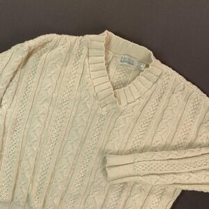 VTG Van Heusen Sweater Women MD White V Neck Cable Knit Cotton Cottage USA 80s